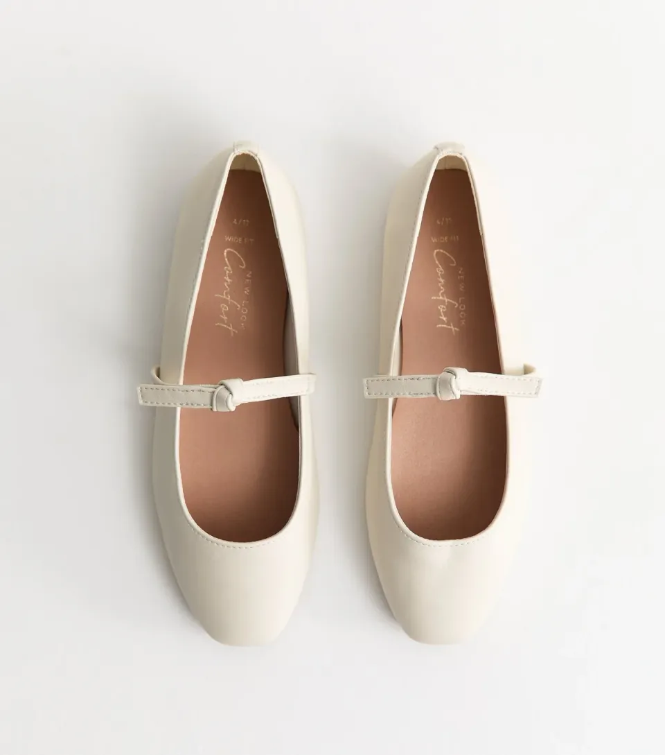 Women's Wide Fit Off White Faux Leather Bow Strap Mary Jane Flats Vegan