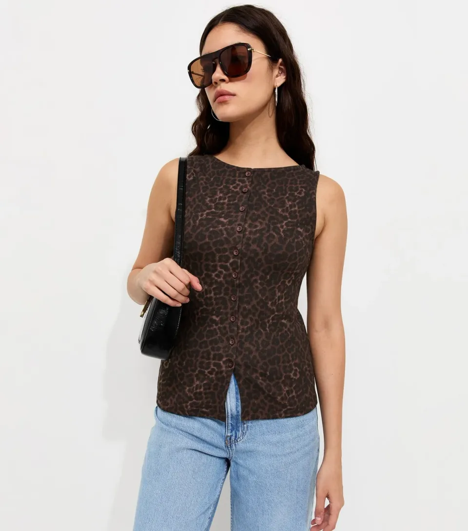 Women's Brown Cotton Rich Leopard Print Button Front Ribbed Tank Top