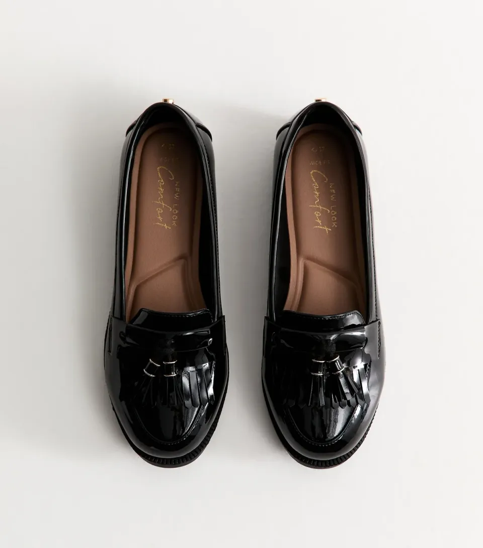 Women's Wide Fit Black Faux Patent Leather Loafers Vegan