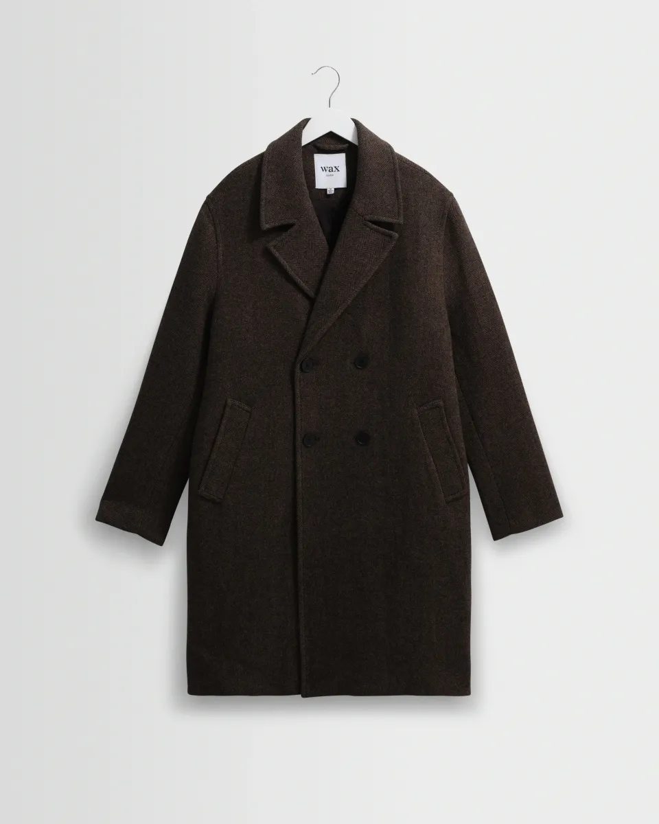 Magnus - Brown Herringbone Double-Breasted Wool Overcoat