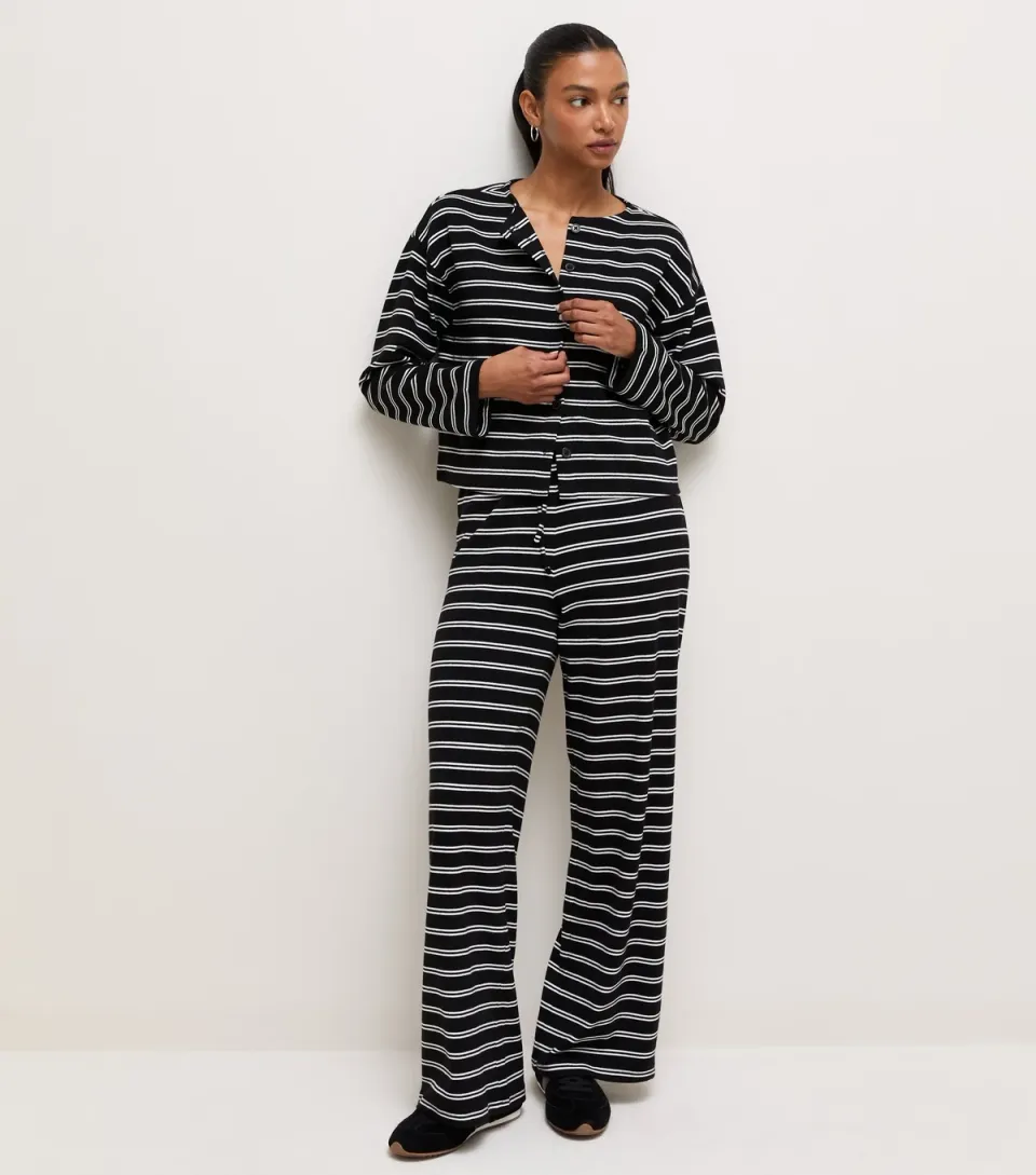 Women's Black Cotton Rich Striped Drawstring Wide Leg Trousers