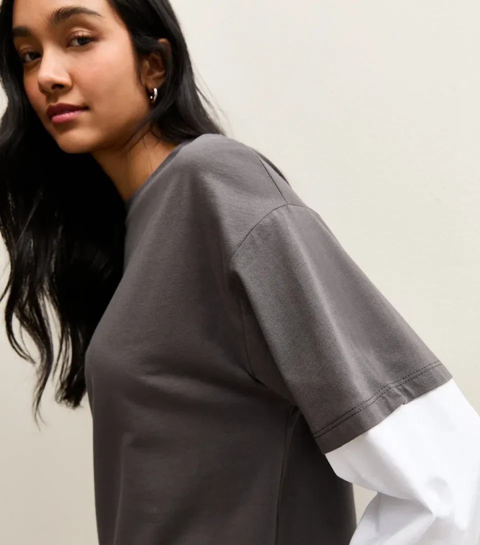 Women's Dark Grey Boxy Layered Sleeve T-Shirt