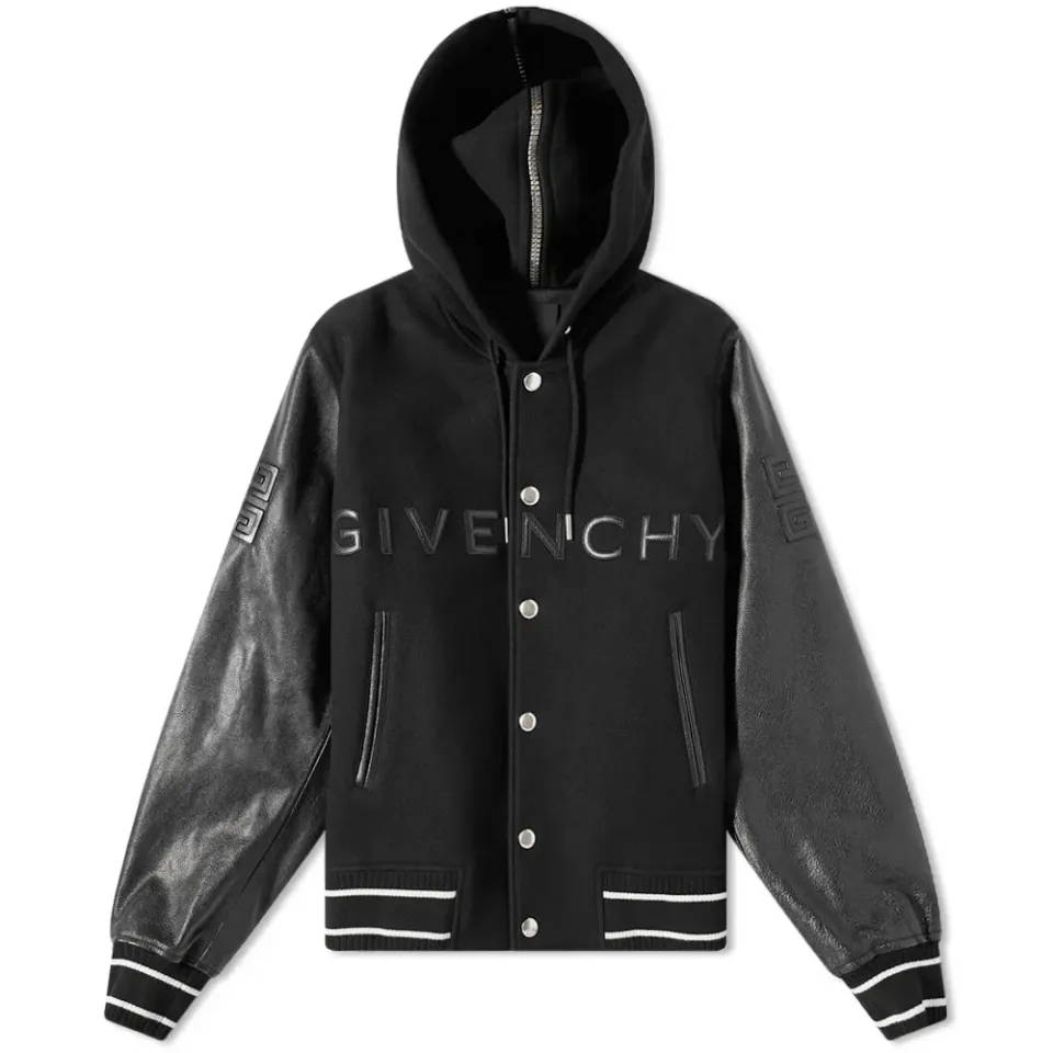 Logo Leather Hooded Varsity Jacket