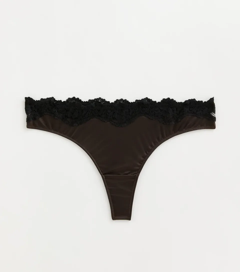 Women's Dark Brown Satin & Lace Top Thong