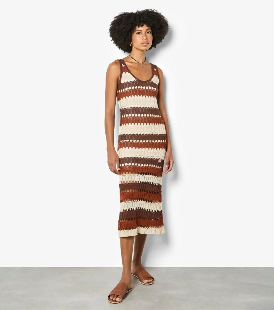 Women's Brown Crochet Stripe Midi Dress