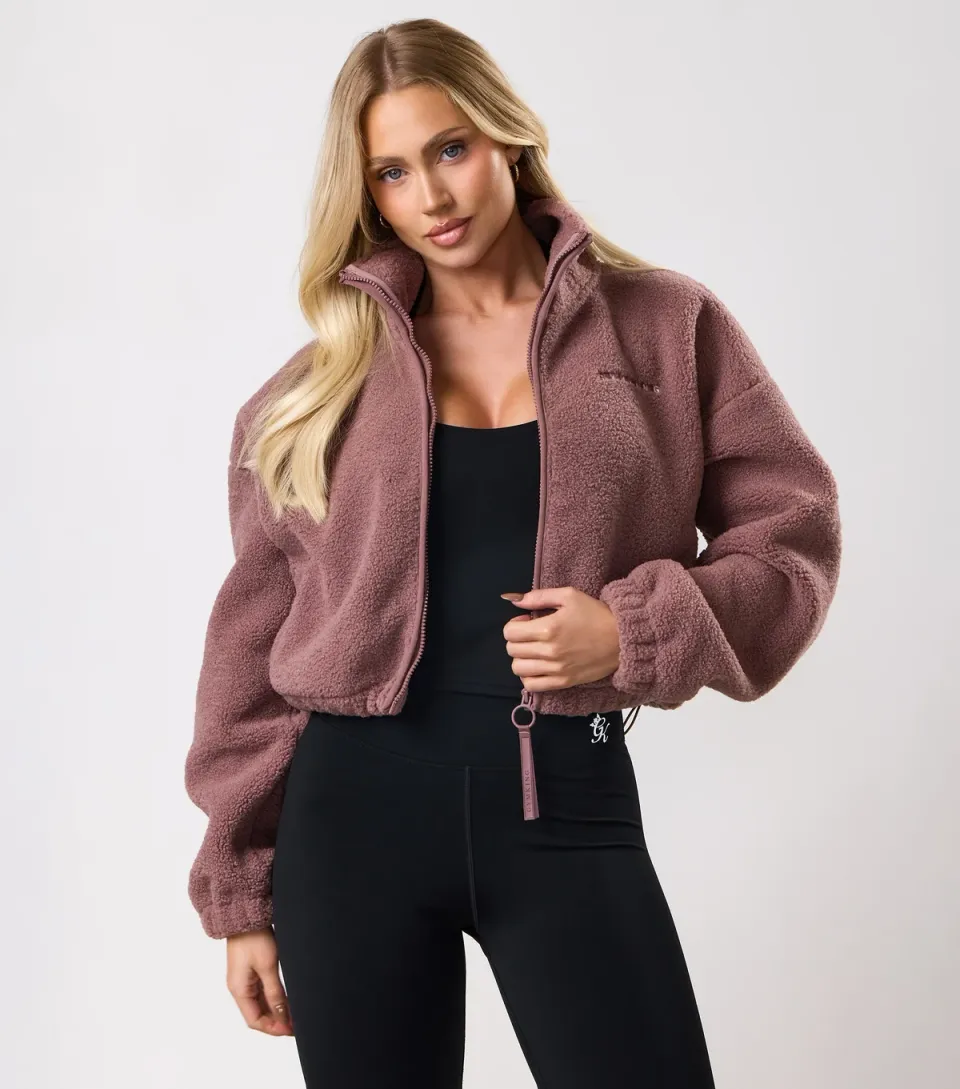 Women's Brown Croppe Borg Zip Up Top