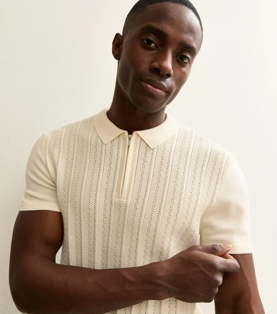 Men's Cream Rib Knit Quarter Zip Polo Shirt