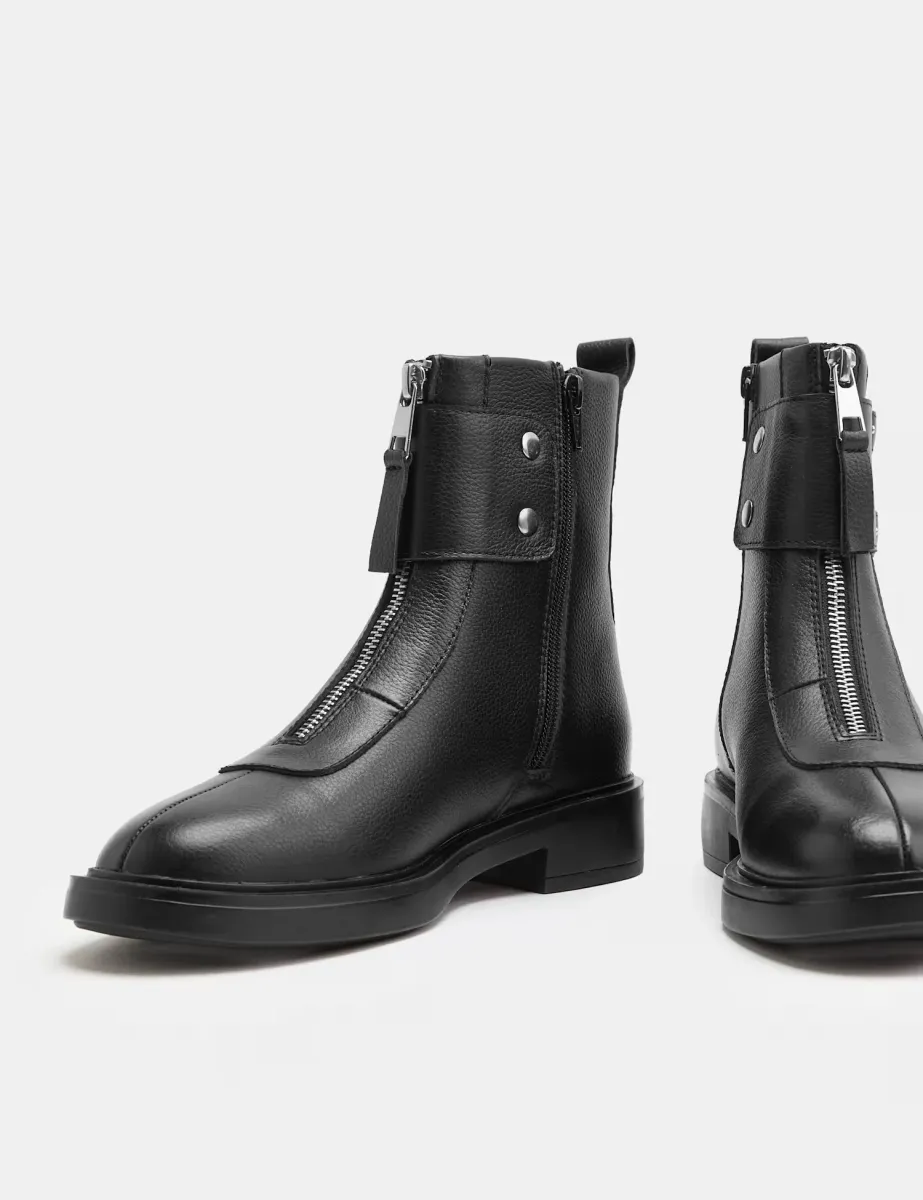 Leather Biker Buckle Block Heel Round Toe Boot Black