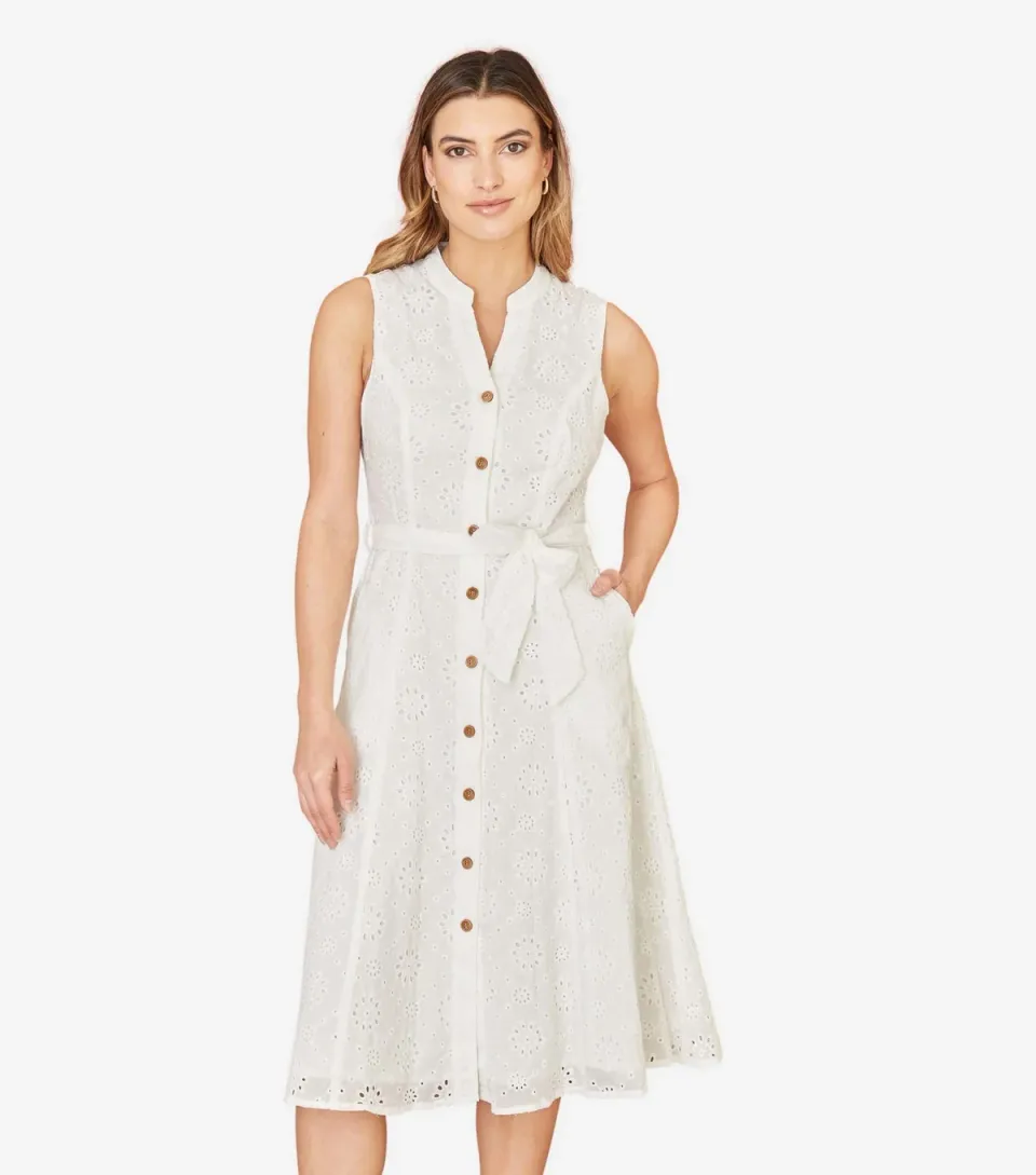Women's White Floral Embroidered Shirt Dress