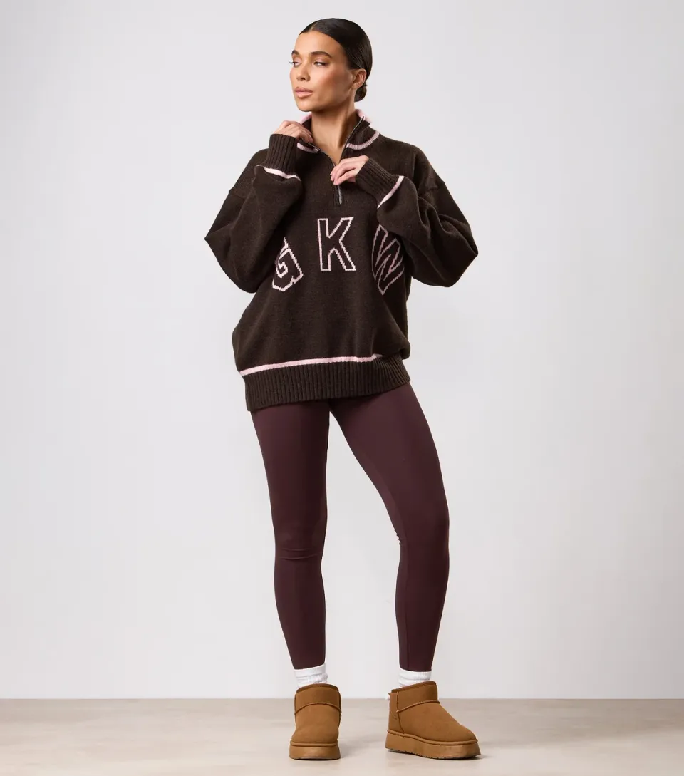 Women's Brown Knock Out Knitted Funnel Neck Jumper