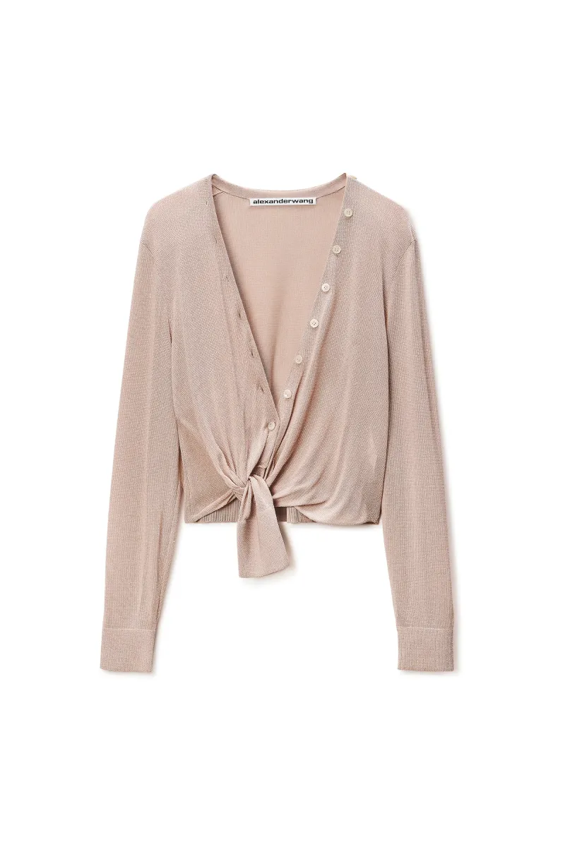 CRYSTAL HOTFIX KNOTTED DEEP V-NECK CARDIGAN