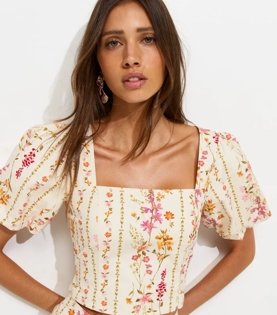 Women's Cream Floral Print Milkmaid Top