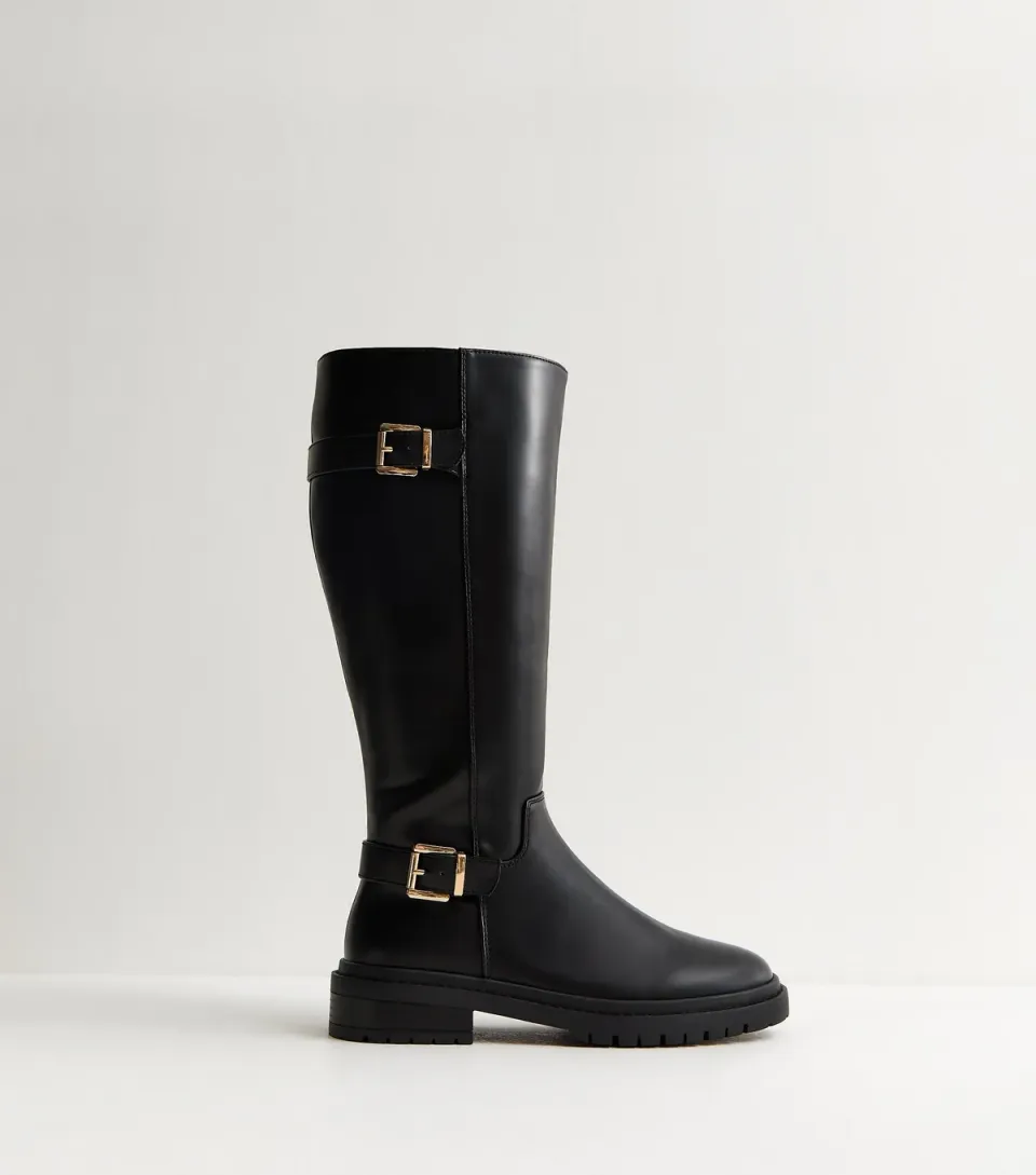 Women's Black Buckle Faux Leather Chunky Knee High Boots Vegan