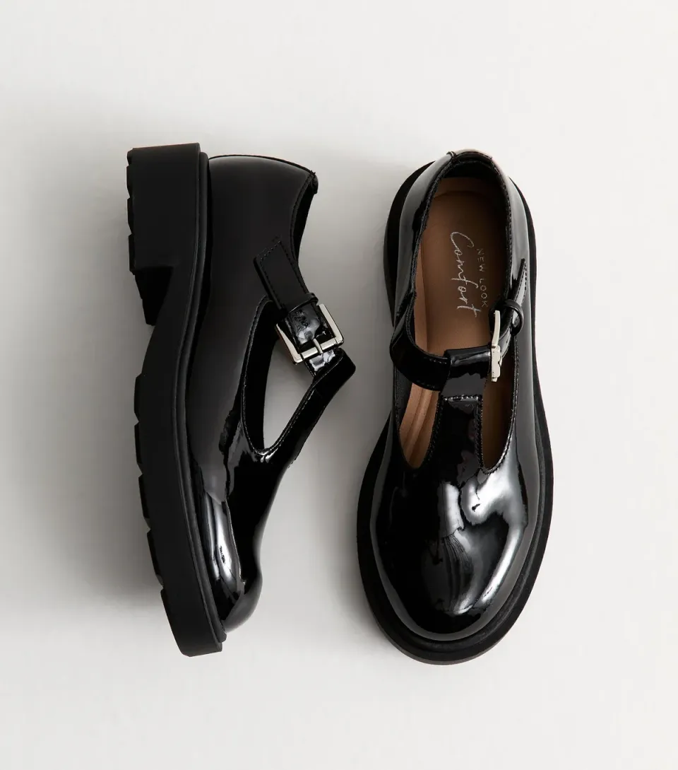 Women's Black Patent T Bar Mary Jane Shoes Vegan