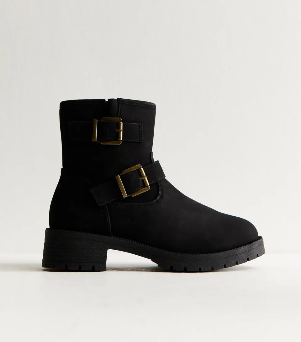 Women's Black Faux Suede Buckle Boots Vegan