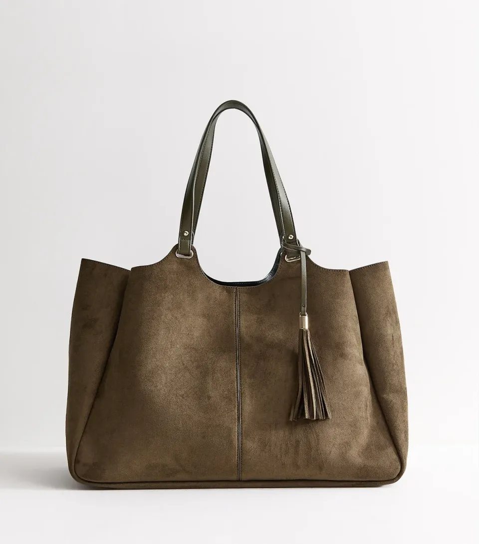Light Khaki Faux Suede Shopper Tote Bag