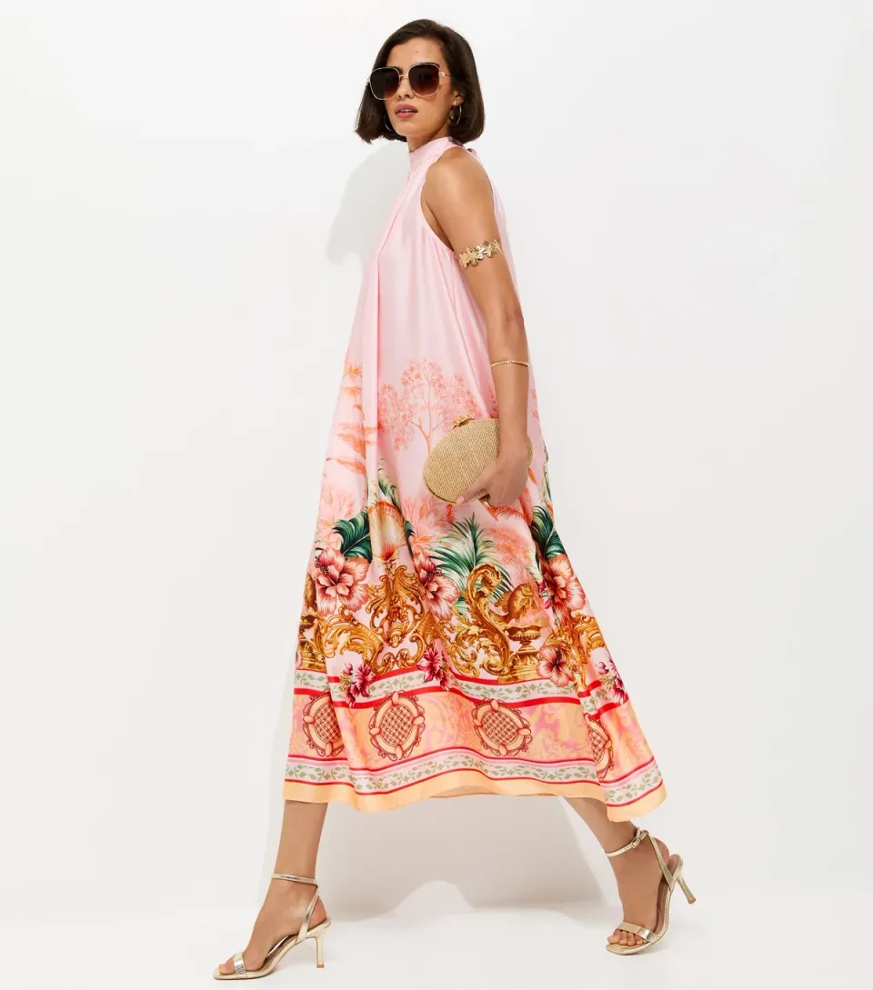 Women's Pink Tropical Print Halter Neck Satin Midi Dress
