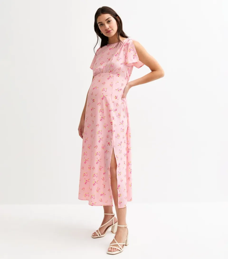 Women's Maternity Pink Floral Print Flutter Sleeve Midi Dress