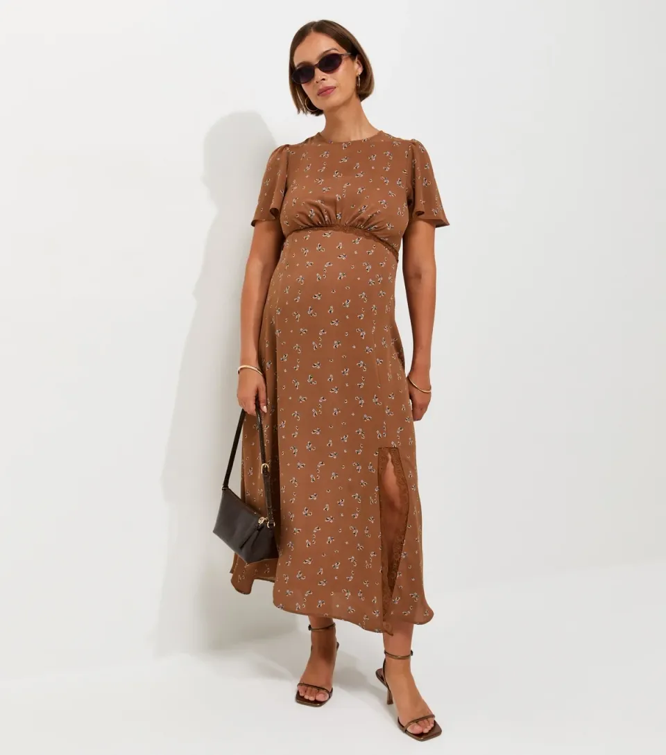 Women's Maternity Brown Floral Print Lace Trim Midi Dress