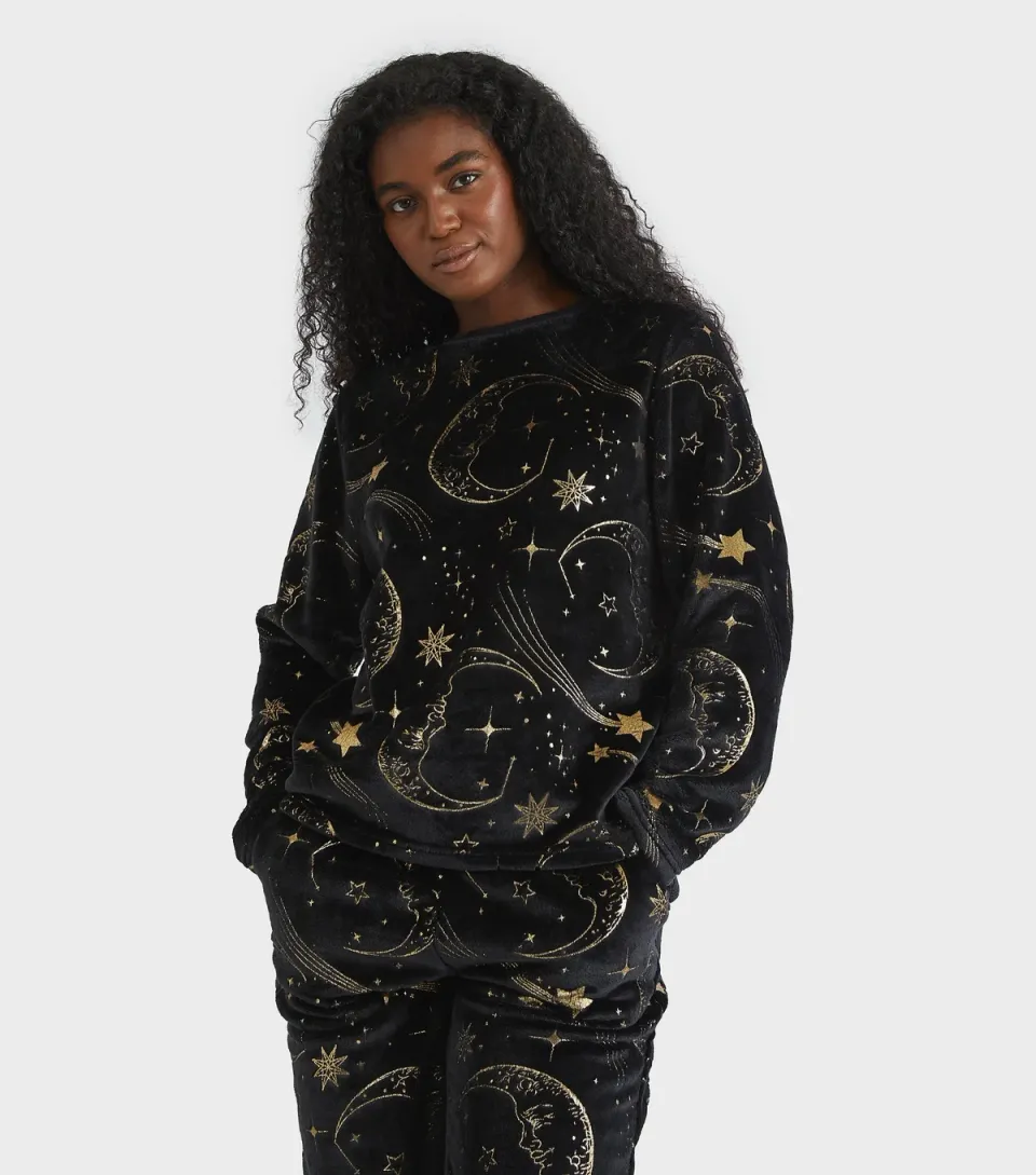 Women's Gold Celestial Print Two Piece Fleece Pyjama Set