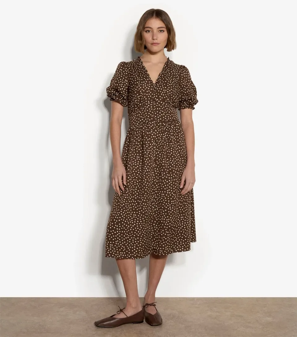 Women's Brown Mini Dot Print Button Front Midi Dress