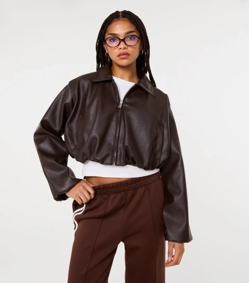 Women's Dark Brown Faux Leather Puffball Jacket