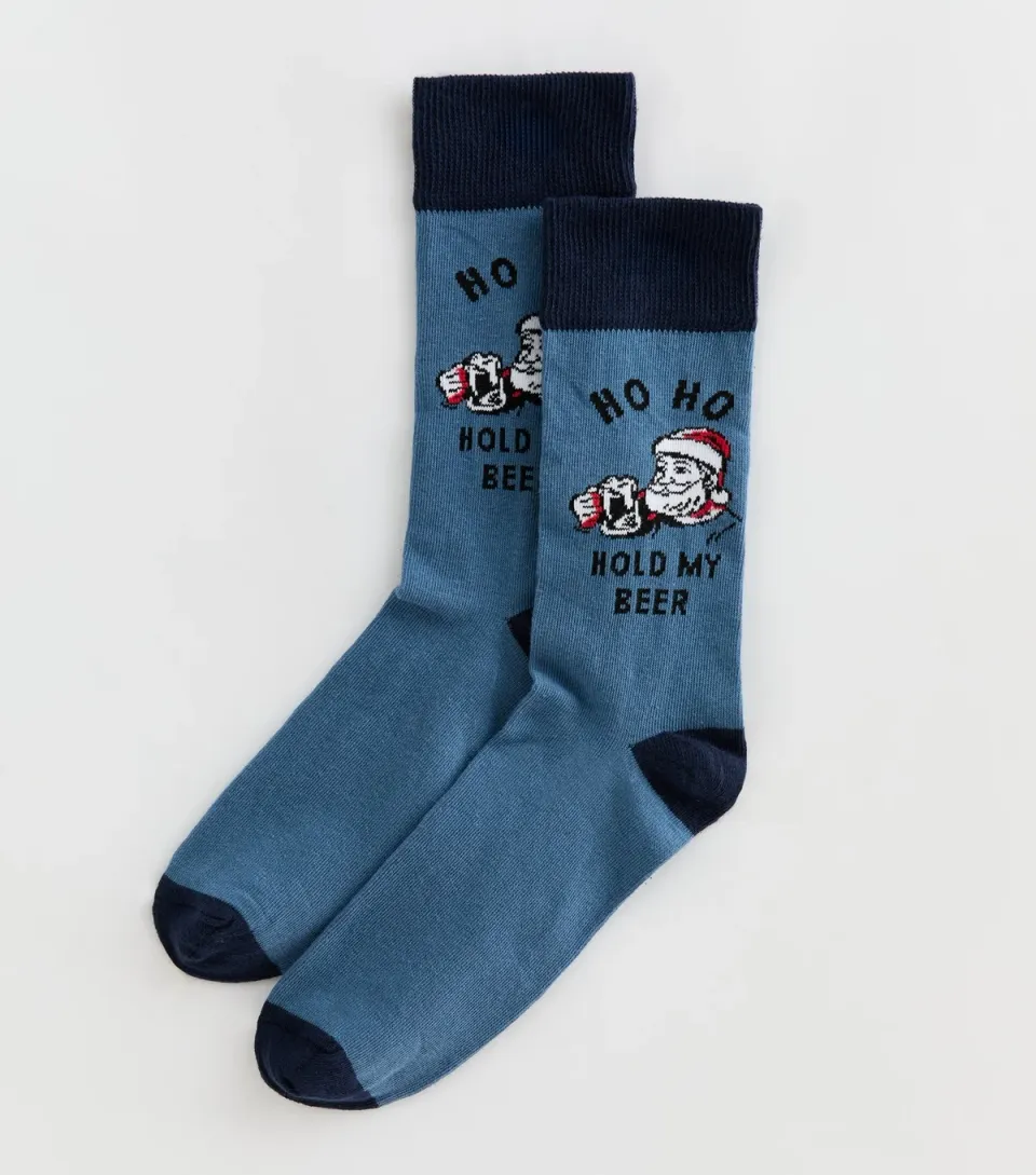 Men's Mens Blue Christmas Ho Ho Hold My Beer Socks