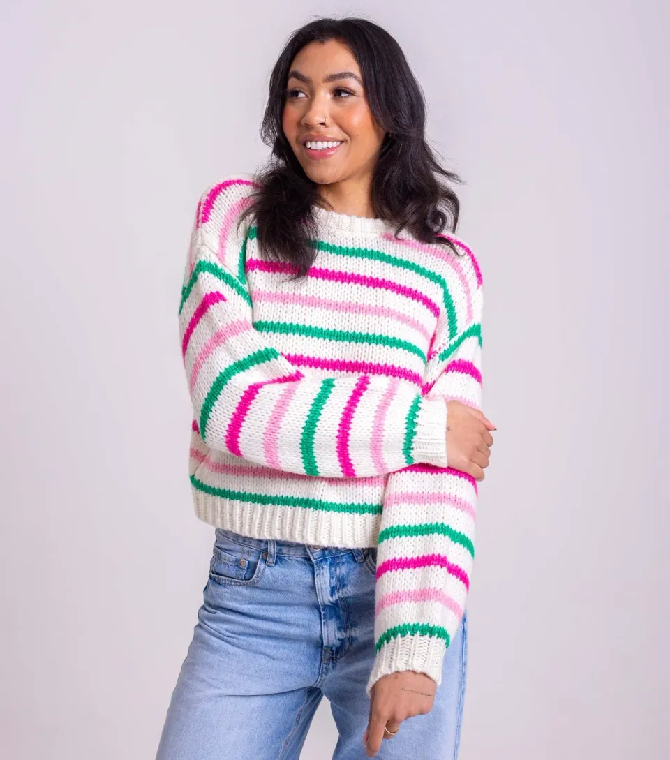 Women's Cream and Pink Stripe Crew Neck Jumper