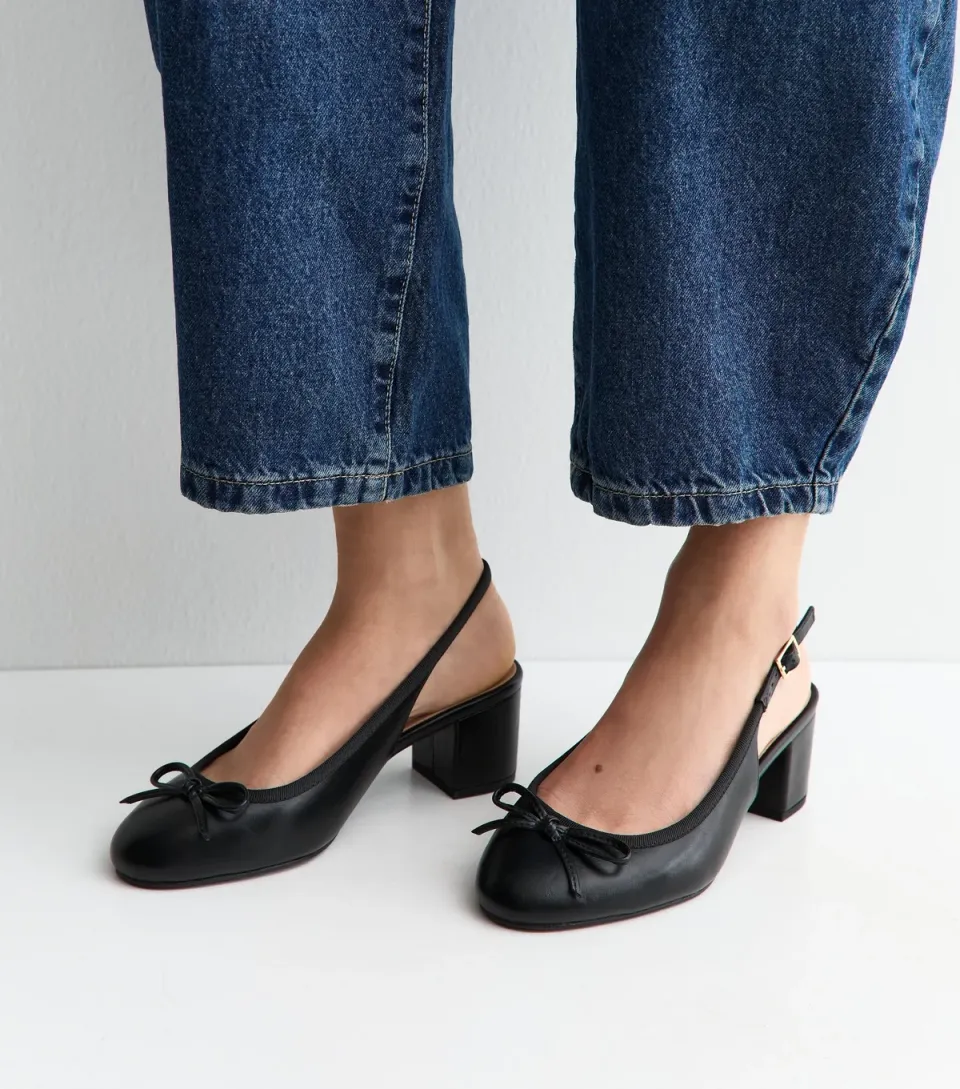 Women's Wide Fit Black Faux Leather Slingback Ballerina Pumps Vegan