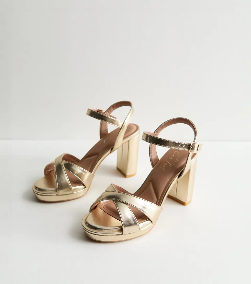 Women's Gold Metallic 2 Part Block Heel Sandals Vegan