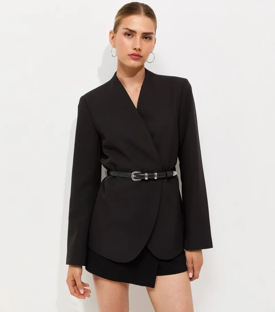 Women's Black Collarless Belted Blazer
