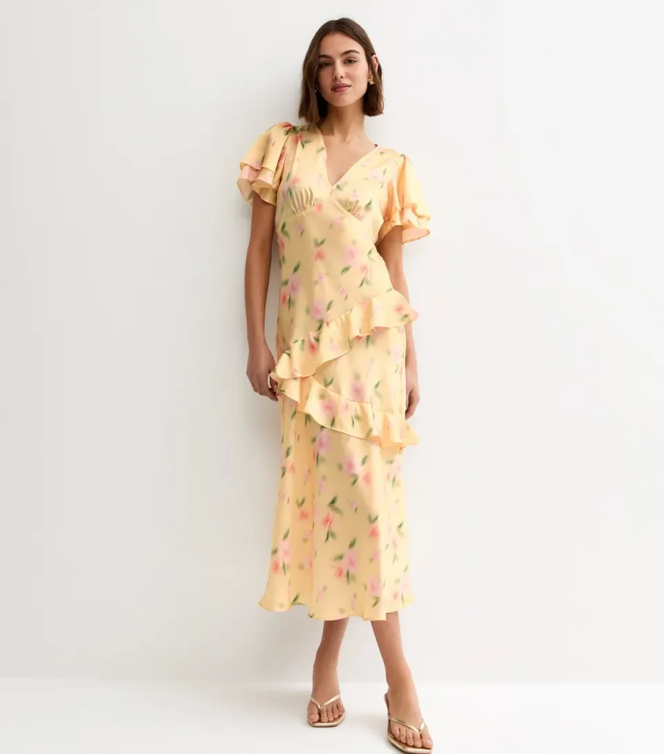 Women's Light Yellow Blurred Floral Tiered Ruff Midi Dress