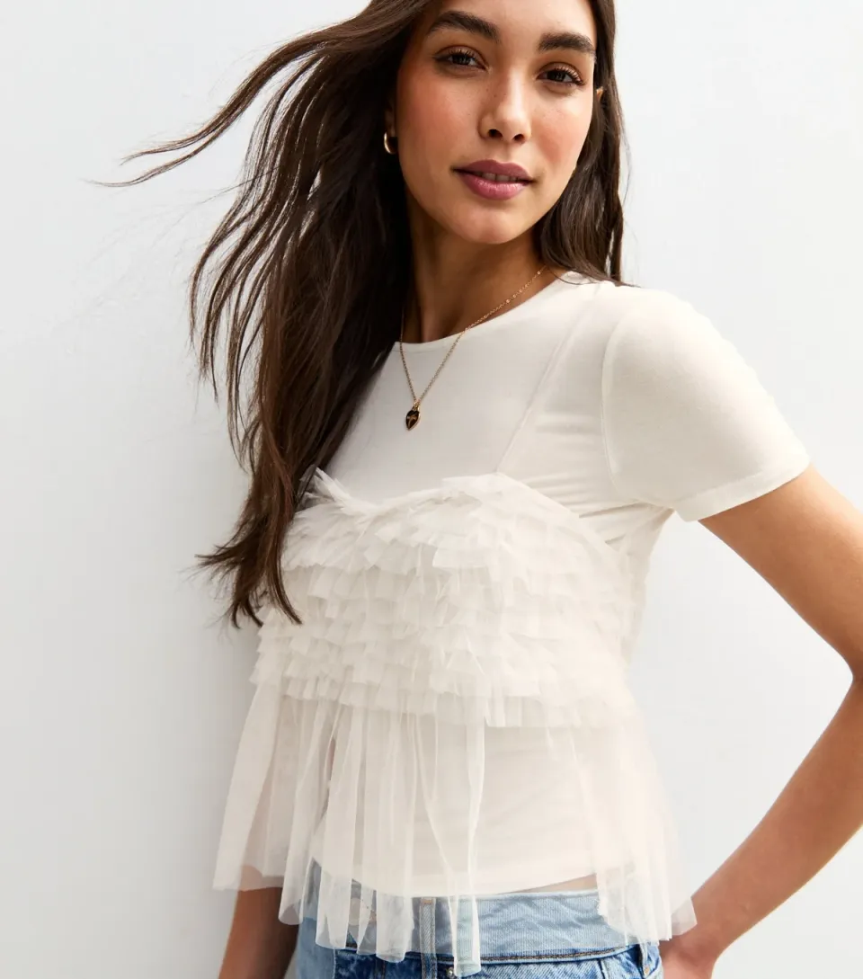 Women's Off White 2 in 1 Tulle Cami Top and T-Shirt