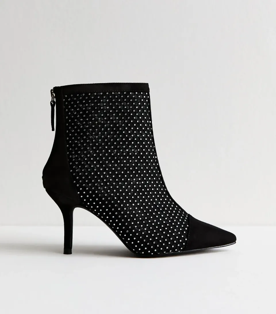 Women's Wide Fit Black Faux Suede Mesh Diamante Embellished Heeled Ankle Boots Vegan