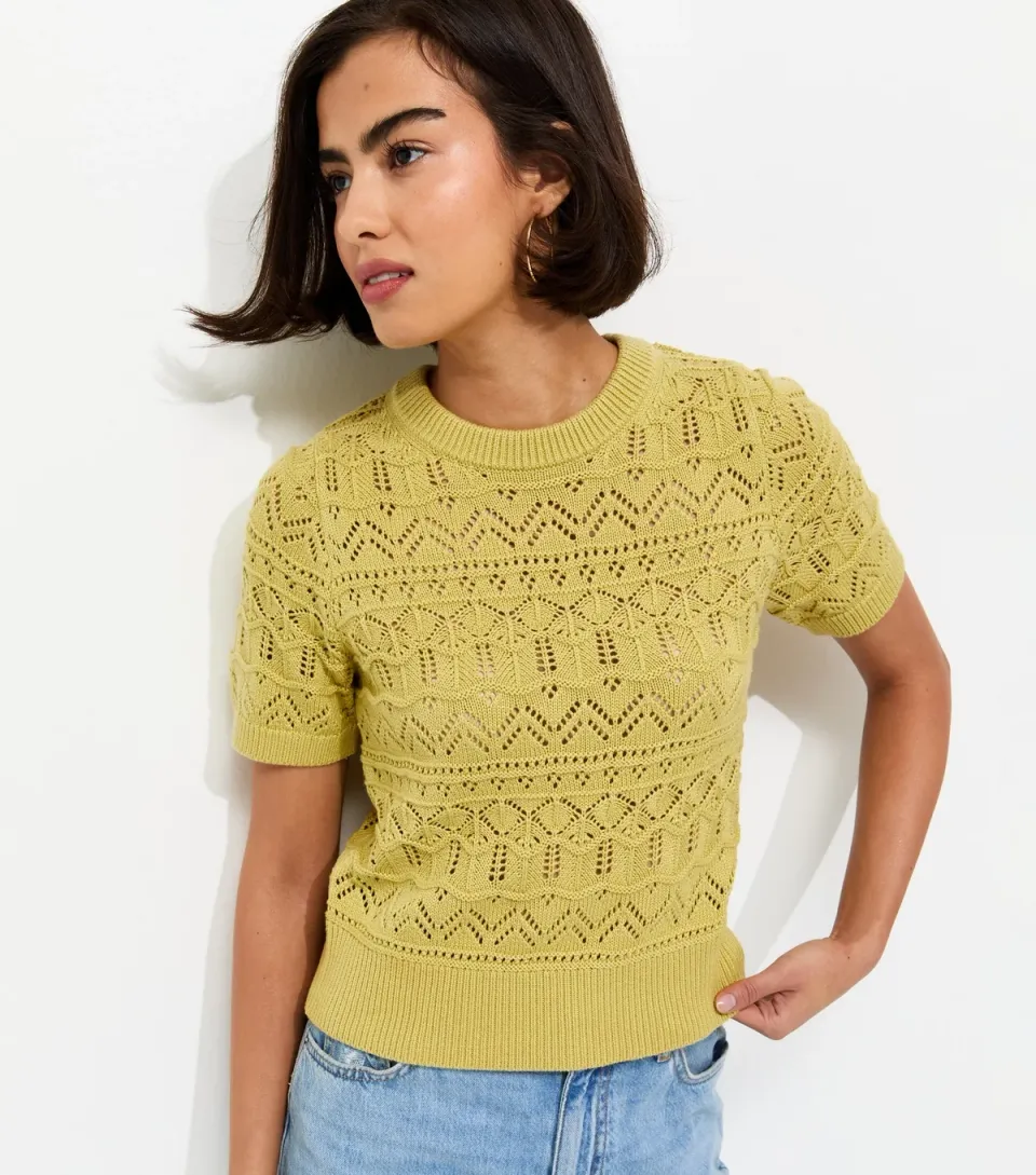Women's Green Cotton Rich Patterned Knit Short Sleeve Top