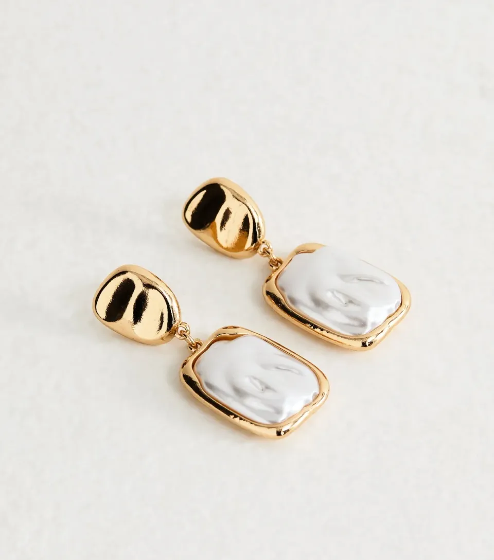 Gold Tone Faux Pearl Square Drop Earrings