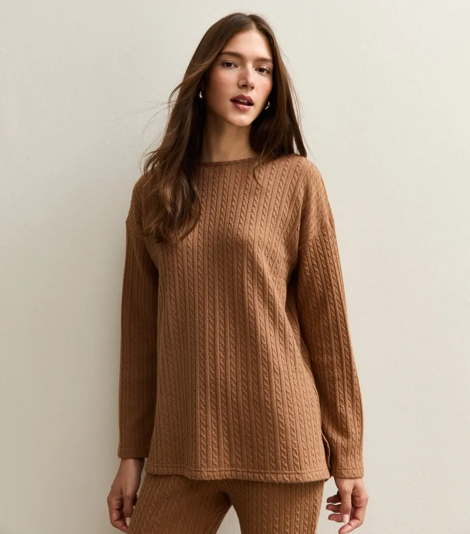 Women's Tan Soft Touch Cable Knit Split Hem Top