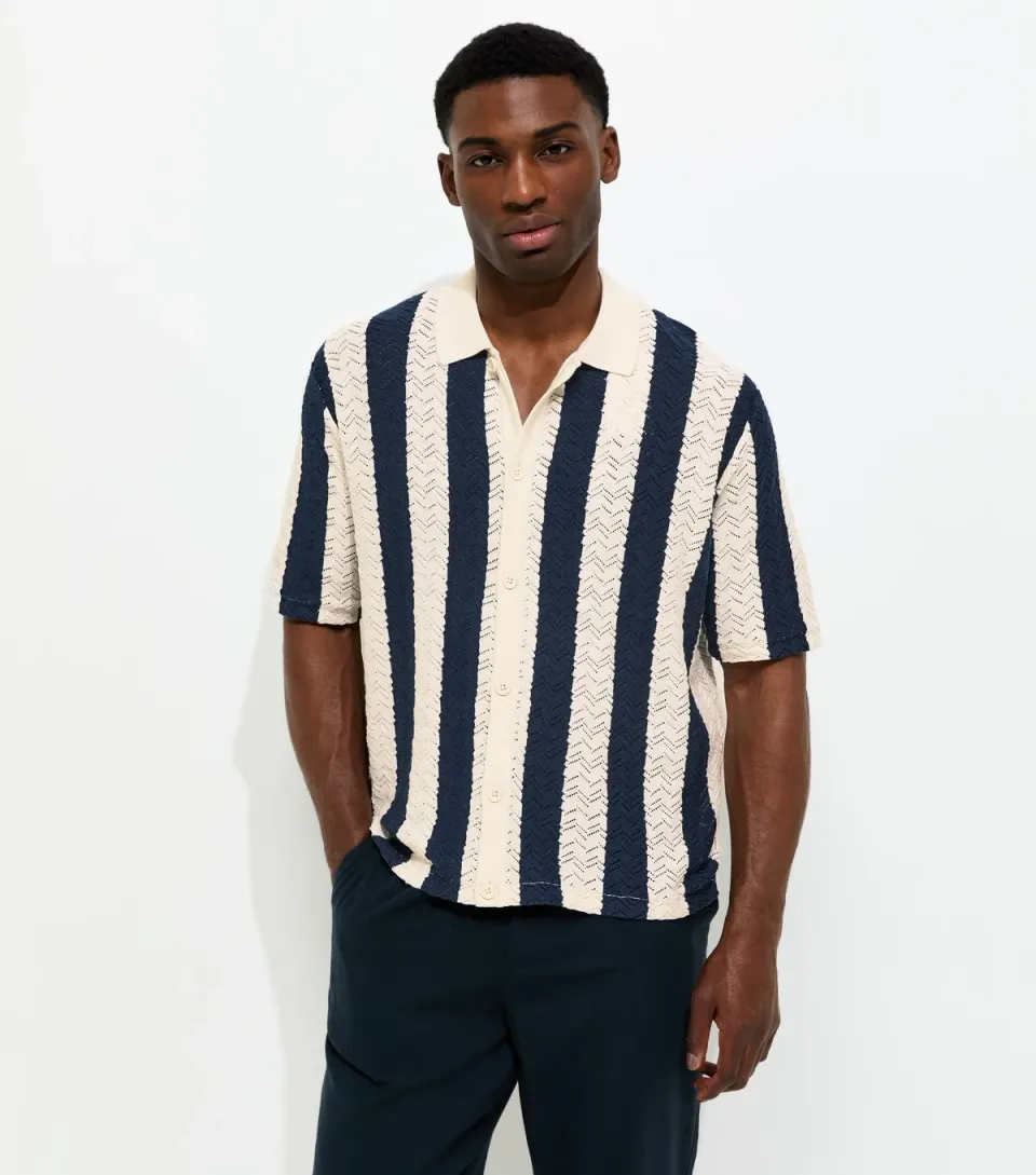 Men's Off White Relaxed Striped Knit Polo Shirt
