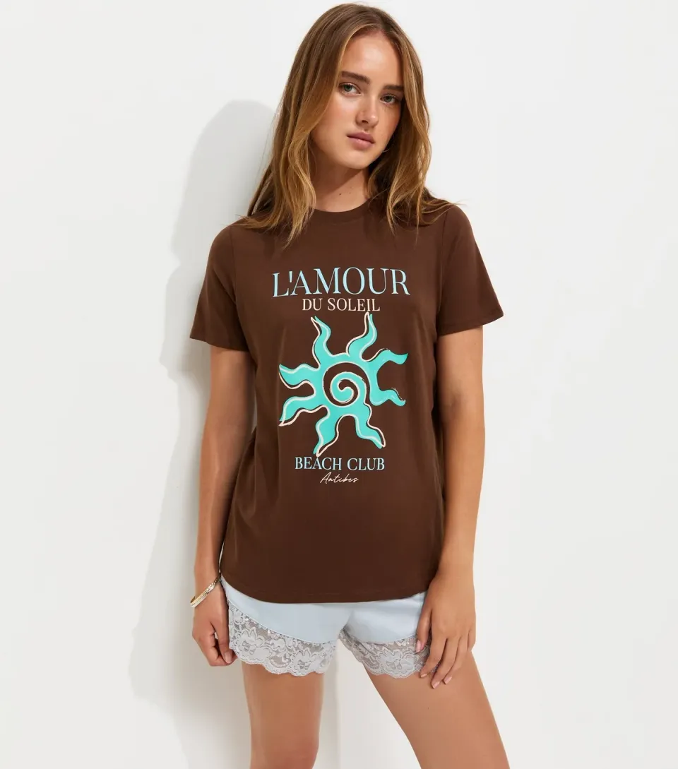 Women's Dark Brown Cotton Sun Print Crew Neck T-Shirt