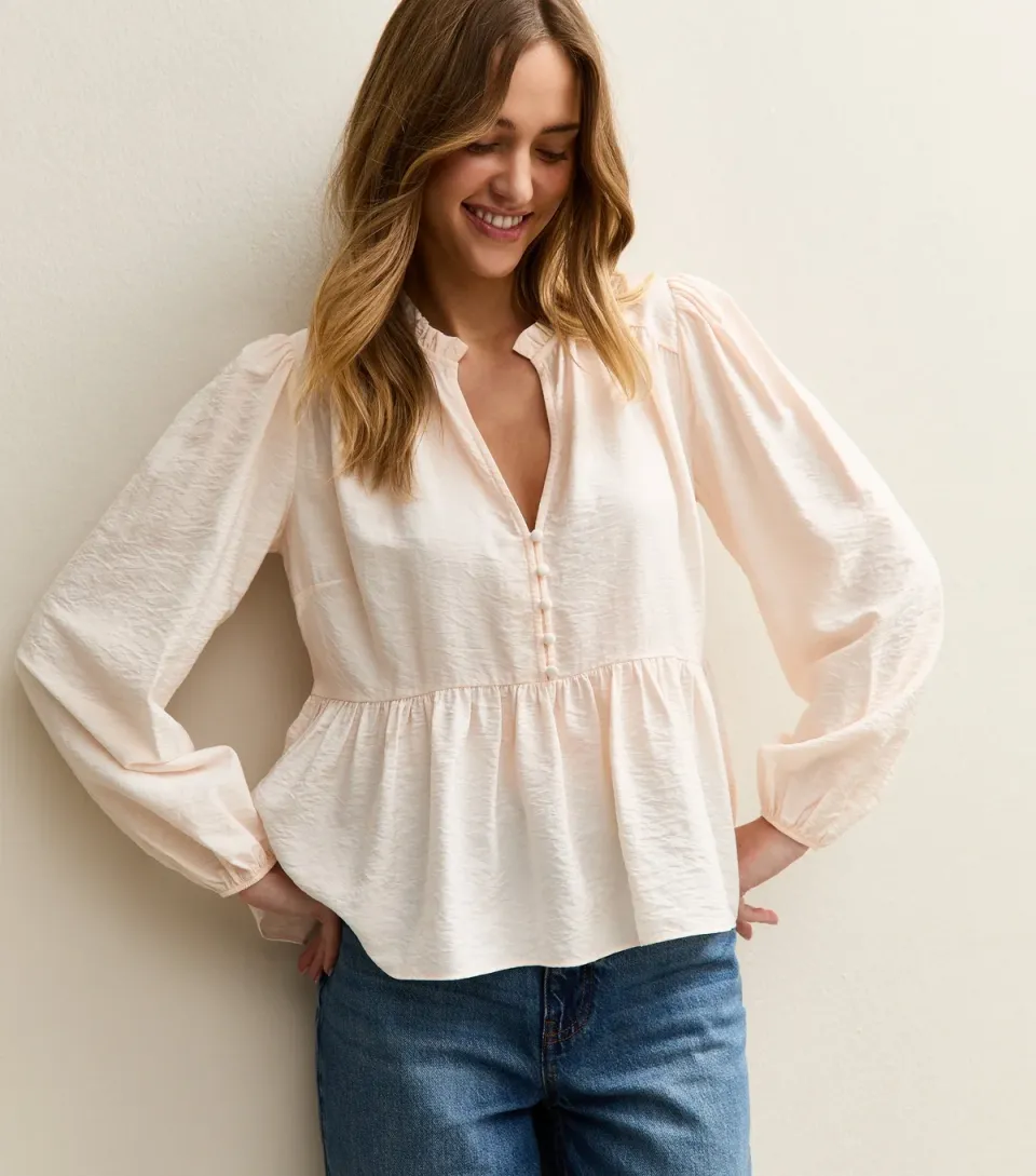 Women's Light Pink Button Up Peplum Tea Blouse