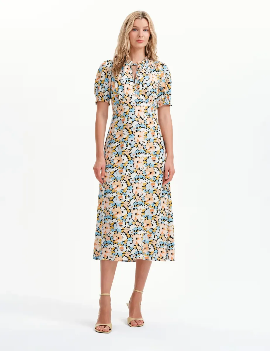 Floral Tie Neck Midi Wasited Dress Orange Mix