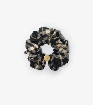 Check Silk Scrunchie in Black/calico beige