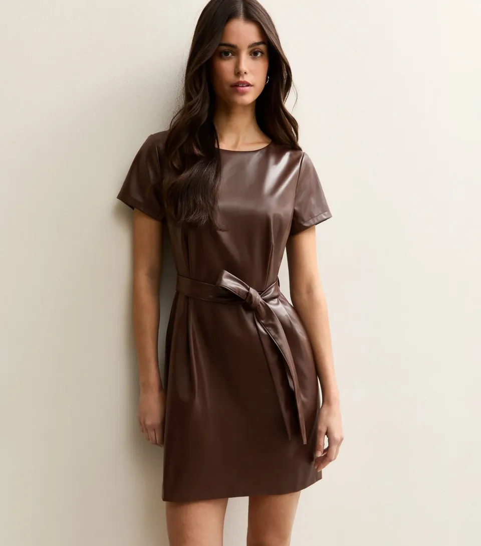 Women's Dark Brown Faux Leather Belted Mini Dress