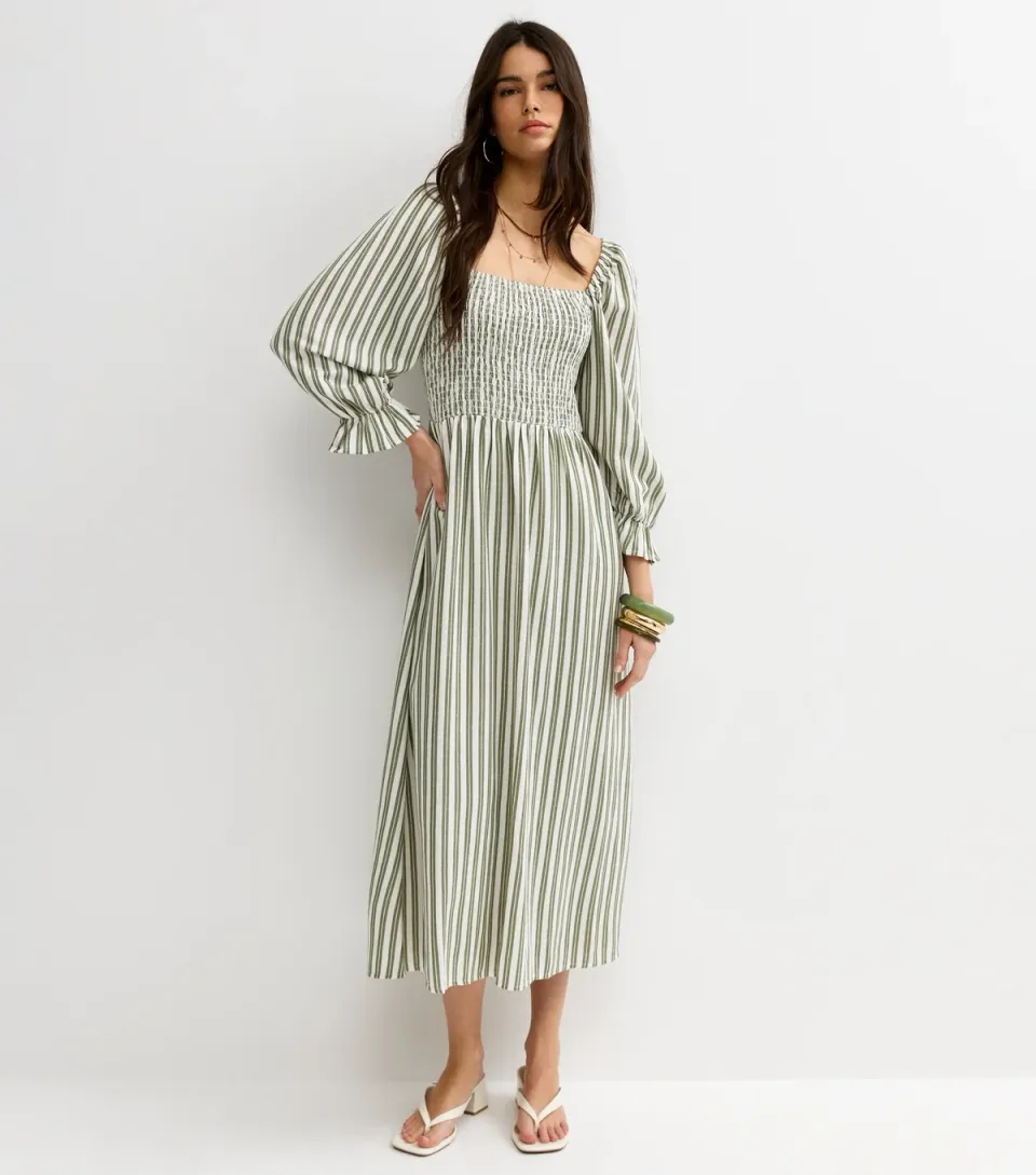 Women's Green Striped Shirred Puff Sleeve Midi Dress