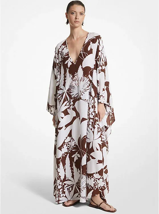 Shadow Floral Silk Crepe De Chine Caftan