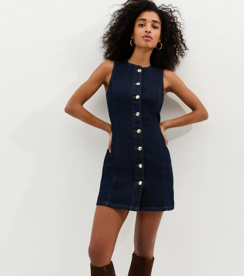 Women's Indigo Wash Button Up Sleeveless Mini Dress