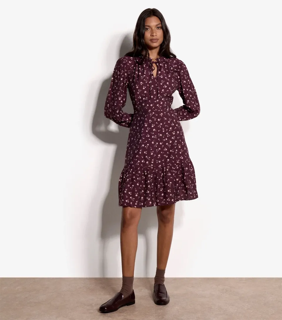 Women's Dark Burgundy Daisy Print Long Sleeve Dress