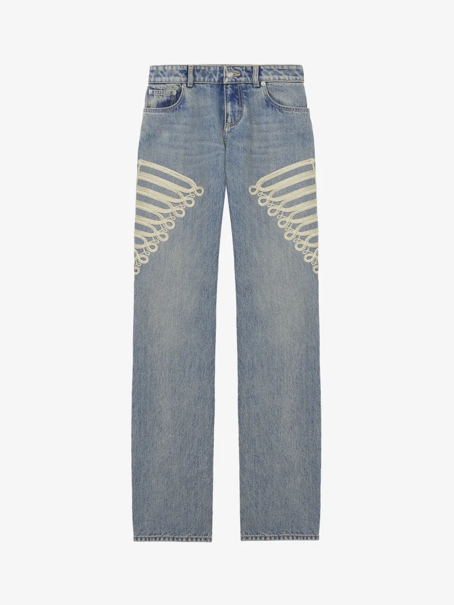 Metallic Frogging Straight Leg Jeans
