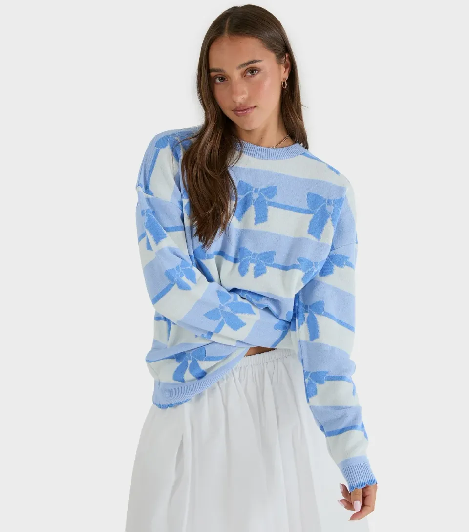 Women's Light Blue Bow Pattern Crew Neck Jumper