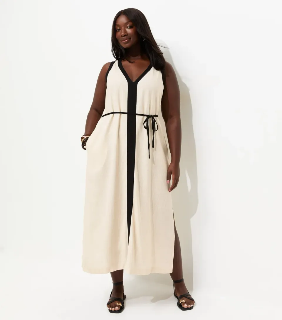 Women's Plus Size Cream Contrast Trim Column Midi Dress Curves